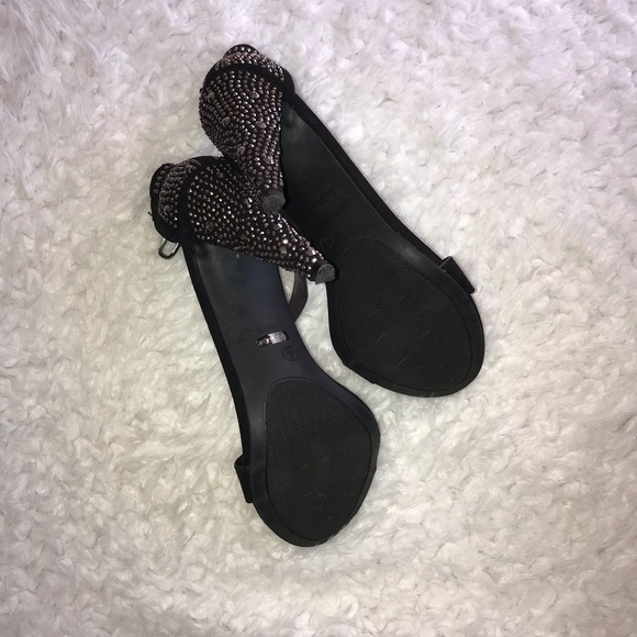 Bamboo black , silver studded ankle strap heeled sandals - Picture 7 of 8